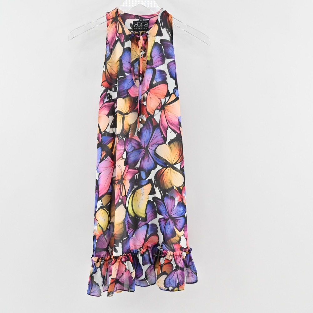 Vtg Y2k Atina Cristina Colorful Butterfly Mini Dress Sz XS Sleeveless Ruffle Hem - Picture 2 of 11